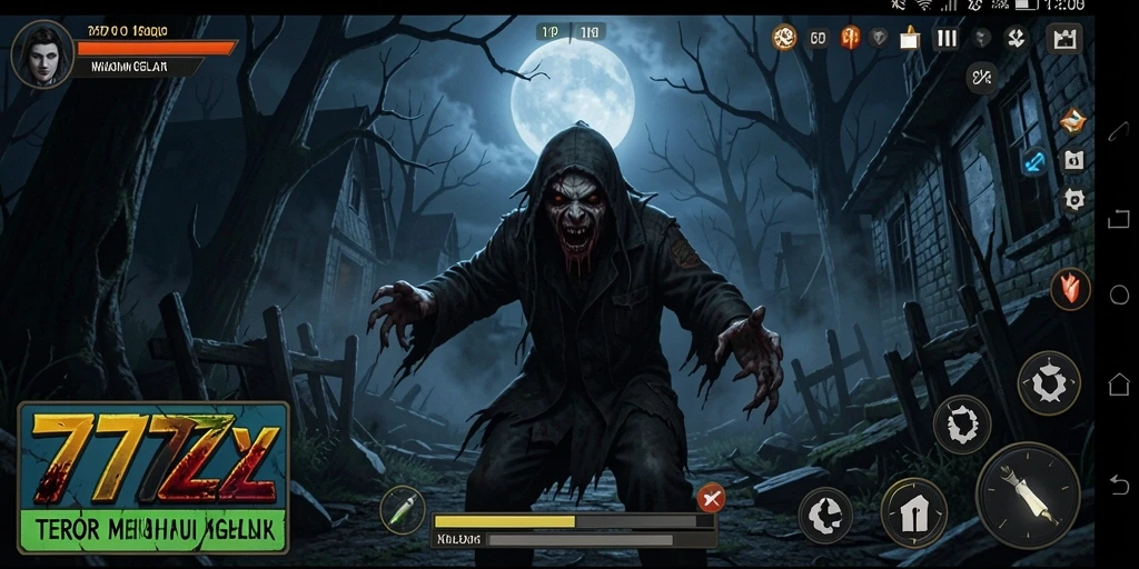 Tangkapan layar gameplay <strong>777ZX</strong> yang menegangkan dengan suasana horor yang mengintimidasi.
