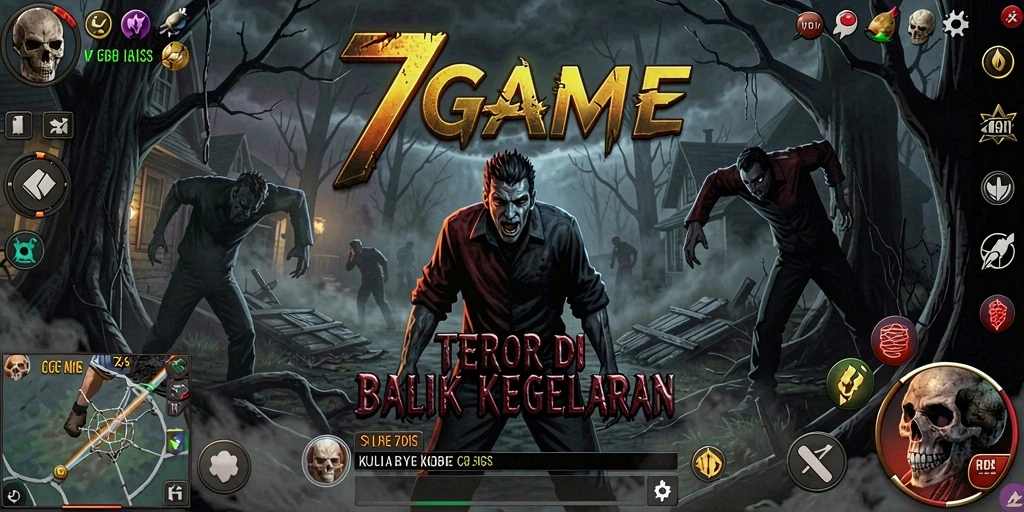 Screenshot gameplay 7GAME menampilkan suasana mencekam dan efek suara yang menyeramkan.