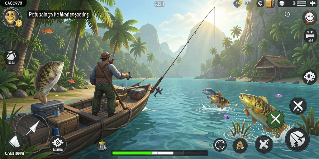 Screenshot CACOR78 menampilkan pemain yang sedang menangkap ikan di danau yang indah.