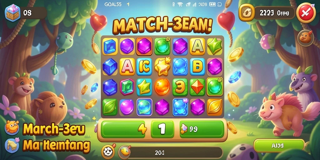 Tangkapan layar menunjukkan gameplay Match-3 yang menarik dan penuh warna.