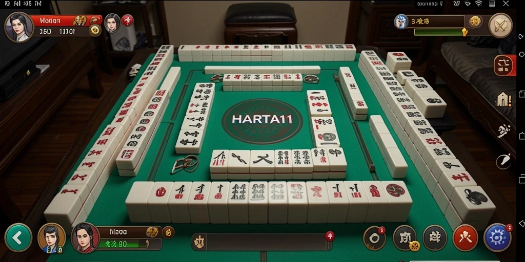 Tangkapan layar gameplay HARTA11 yang menampilkan ubin Mahjong yang berwarna-warni.