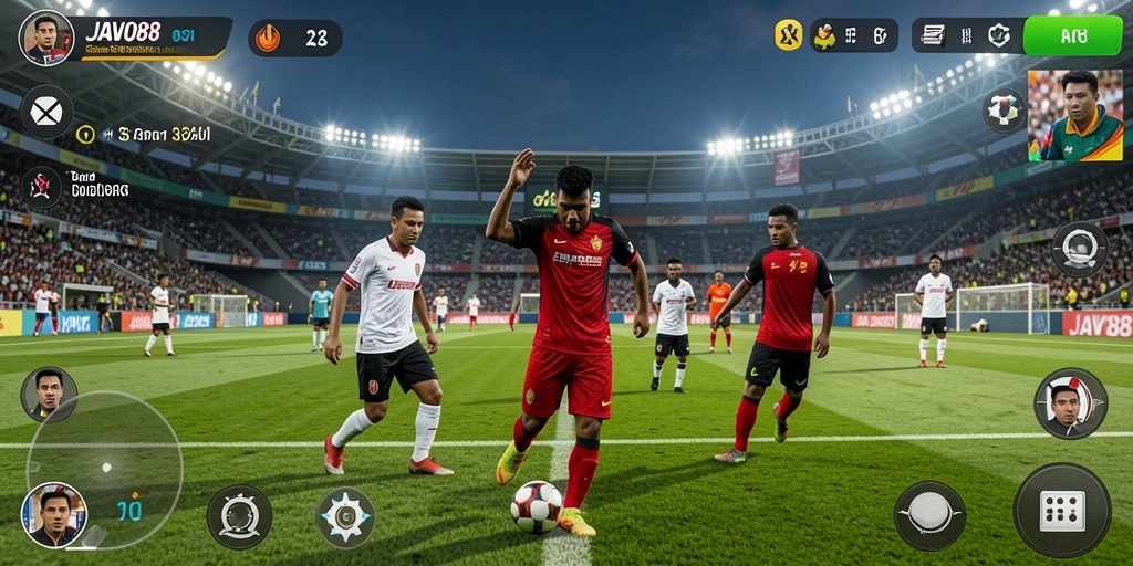 Tangkapan layar menunjukkan aksi permainan sepak bola yang seru di JAVO88.