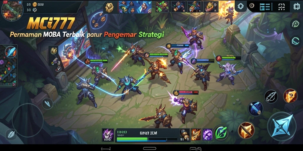 Screenshot gameplay MOBA MC777 dengan pertarungan yang mendebarkan.