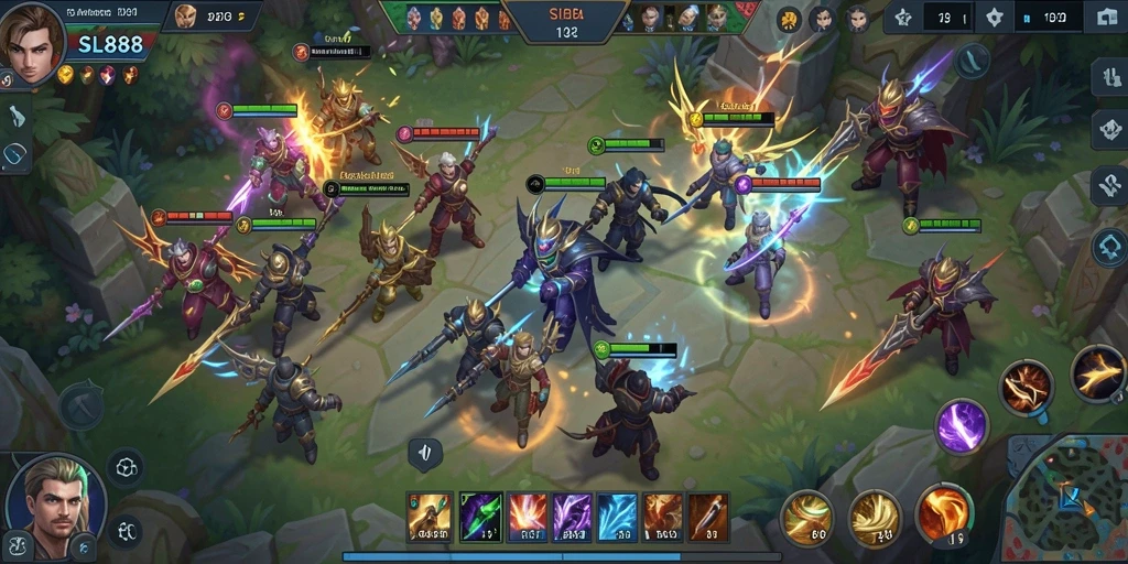 Tampilan layar utama gameplay MOBA SL888 yang menegangkan.